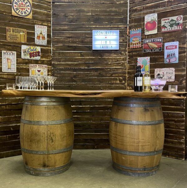 Rustic slab on wine barrels